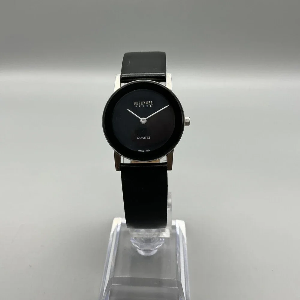 Berenger Steel Womens Watch 27mm Black Dial Black Leather Band New Battery